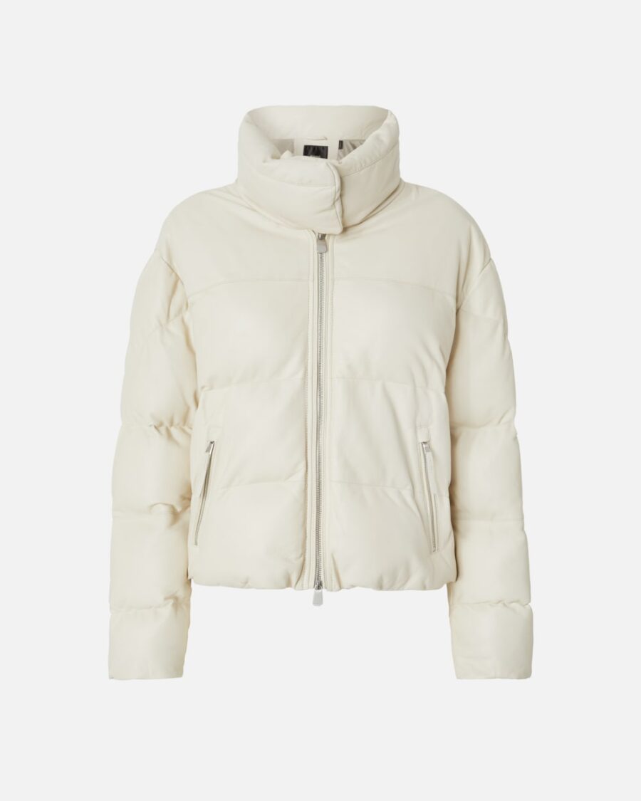 Short padded leather high-neck jacket grigio fodera d'argen.