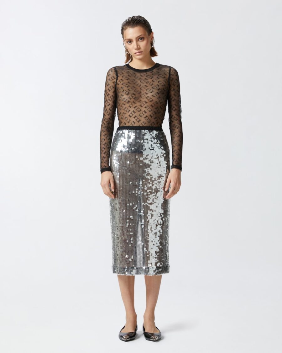 Gonna a matita in rete paillettes nero e trasparente
