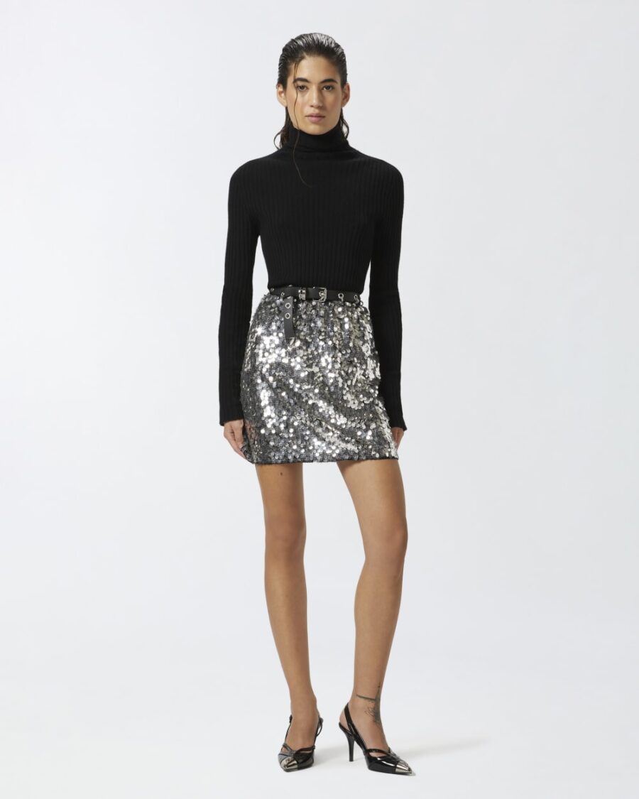 Gonna corta con paillettes argento nero e trasparente