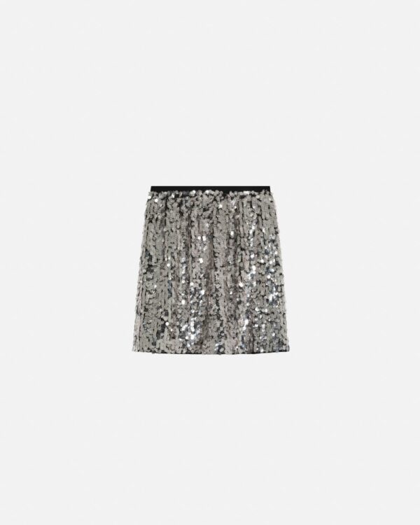 Gonna corta con paillettes argento nero e trasparente