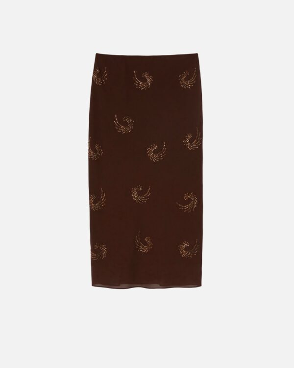 Gonna in georgette con vortici strass marrone e chicco di caffe'