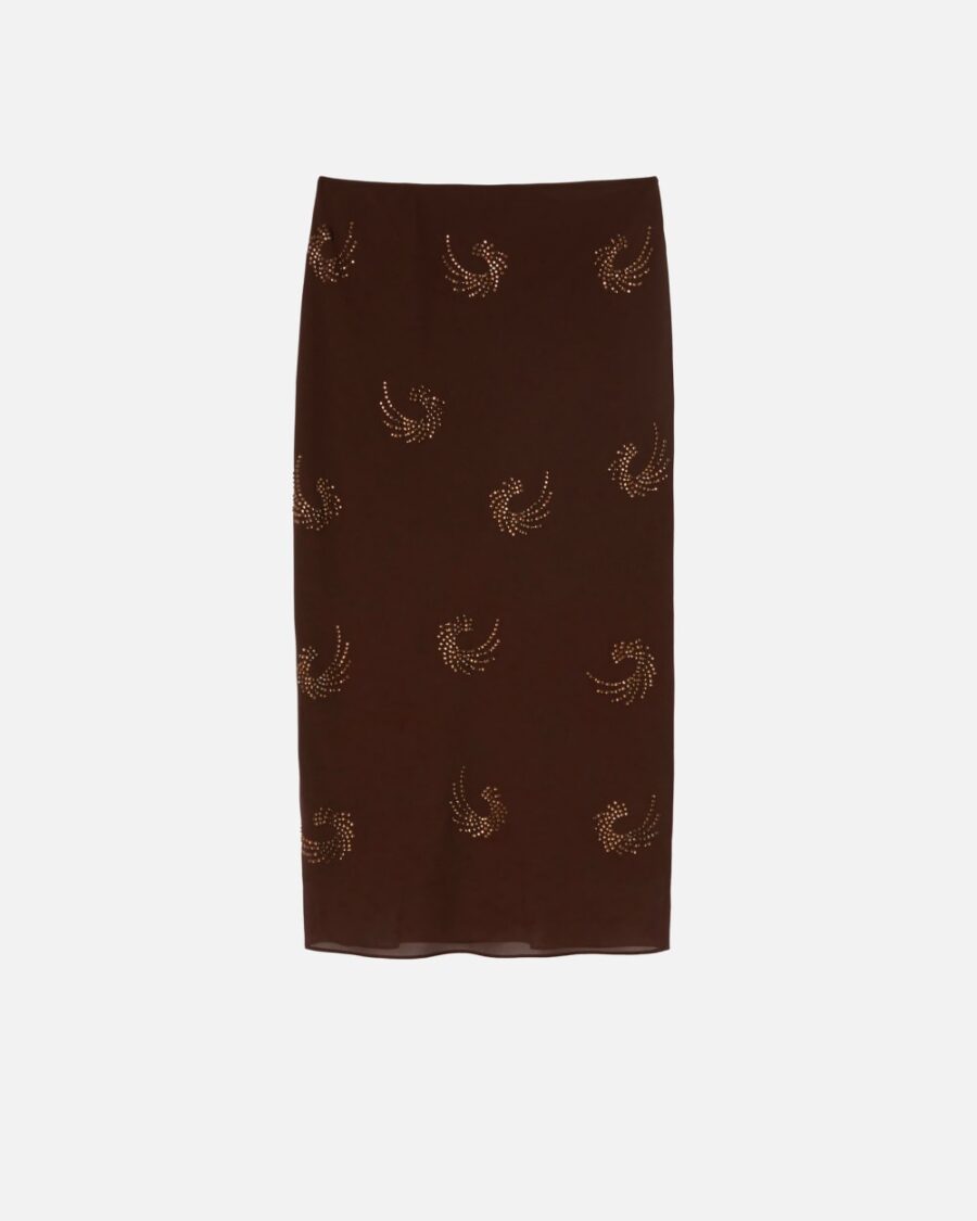 Gonna in georgette con vortici strass marrone e chicco di caffe'