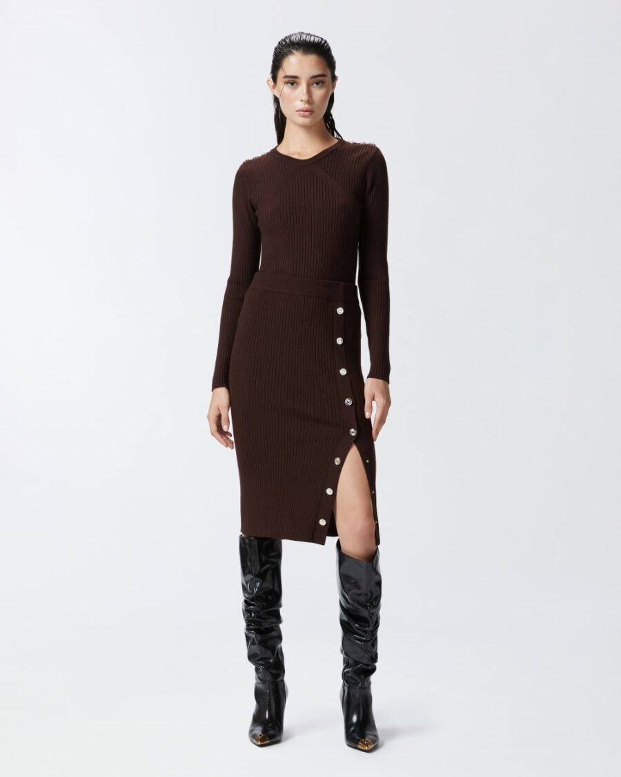 Gonna longuette in maglia a costine con bottoni marrone
