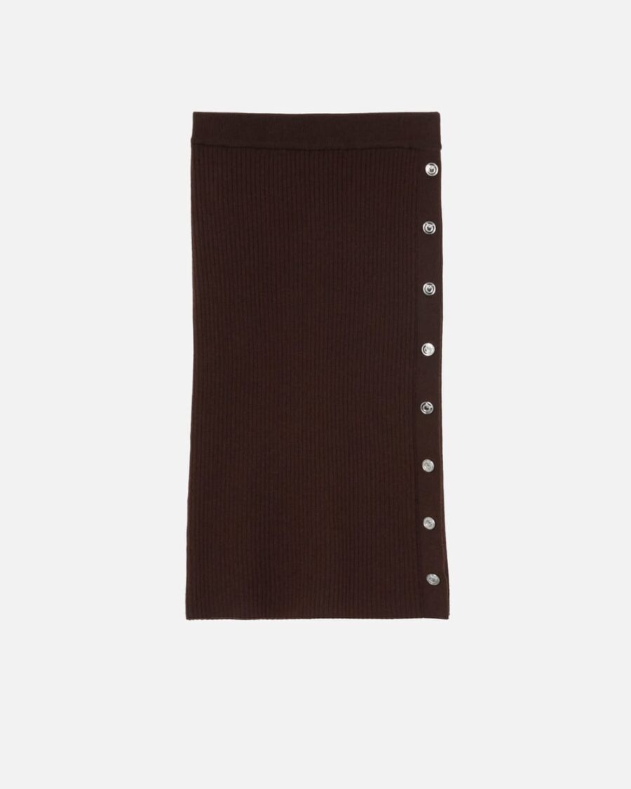 Ribbed calf-length skirt with buttons marrone