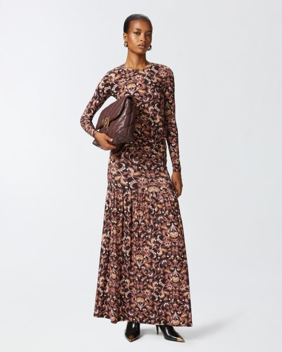 Gonna lunga in jersey a fiori mult.marrone e beige