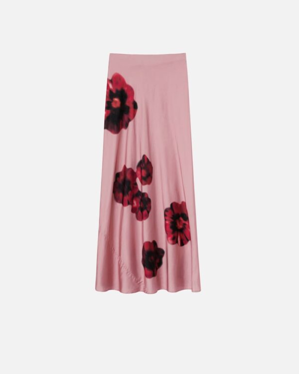 Gonna lunga in satin con stampa fiori rosa e rosso