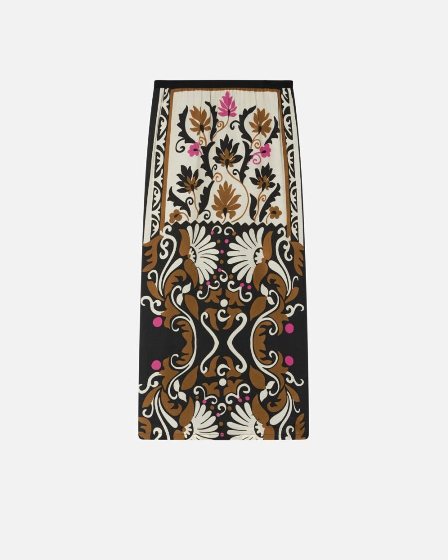 Gonna lunga stampa floreale con spacco mult.marrone e beige
