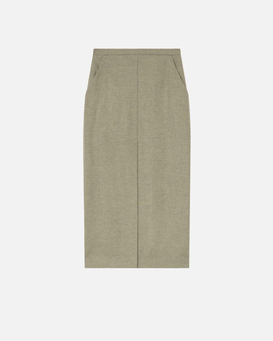 Gonna midi a quadretti con spacco davanti mul cammello e verde