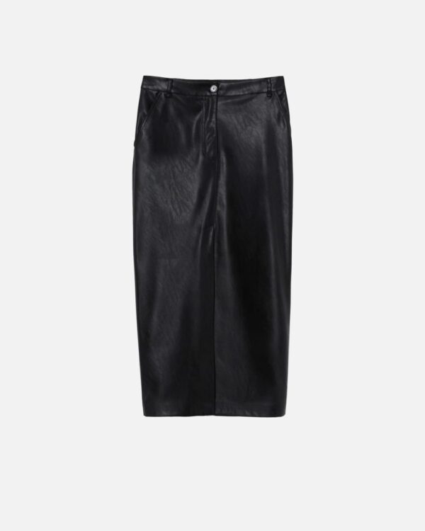 Leather-effect midi skirt with slit at the hem nero limousine