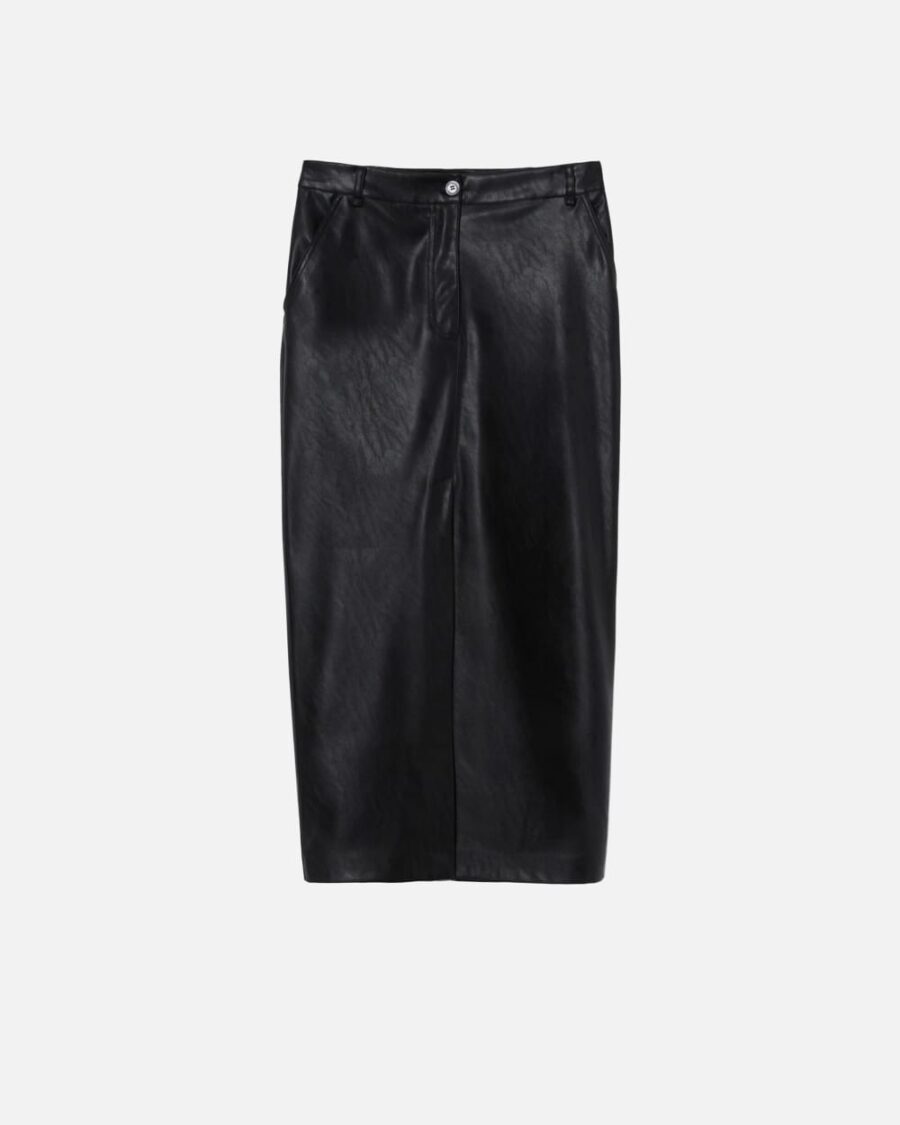 Leather-effect midi skirt with slit at the hem nero limousine