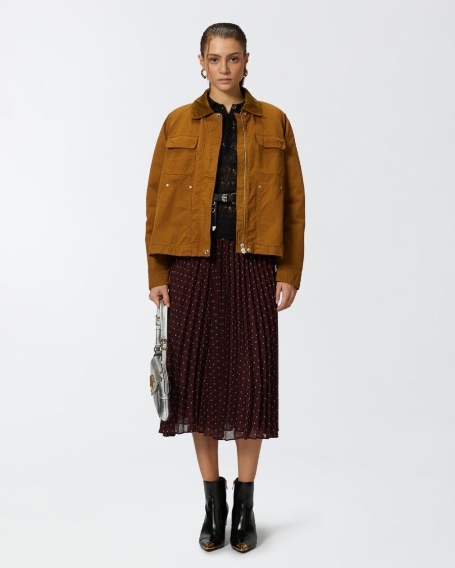 Gonna midi in chiffon a stampa pois bordeaux e azzurro