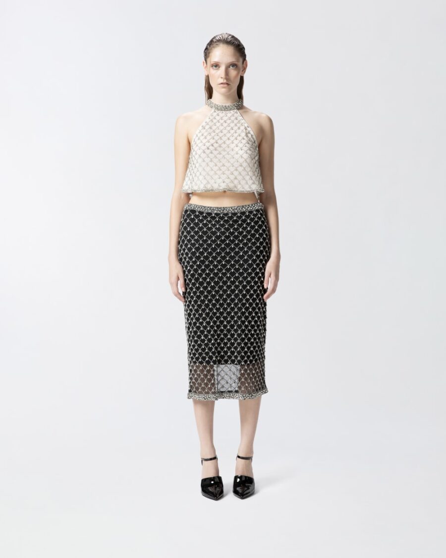Gonna tulle ricamo cristalli nero e crystal