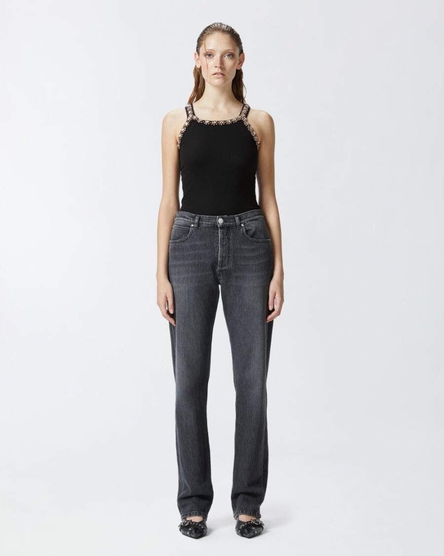 Jeans dritti in denim grigio scuro lavaggio vintage grigio scuro