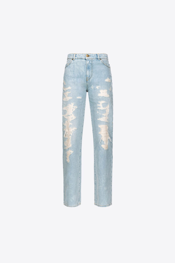 Jeans straight denim con strappi lavaggio bleach ingiallito