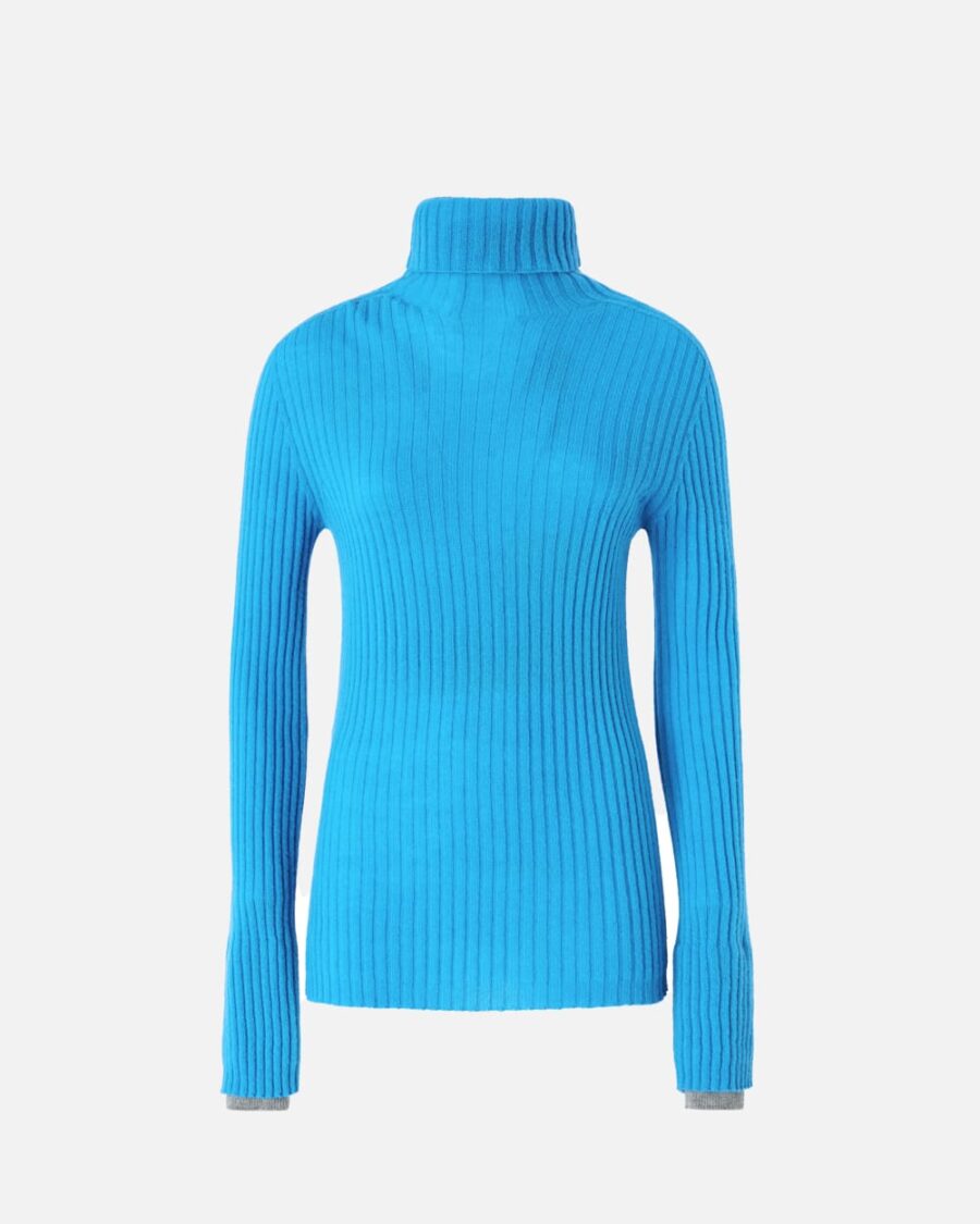 Maglia a collo alto misto cachemire a coste polsini lurex turchese e grigio