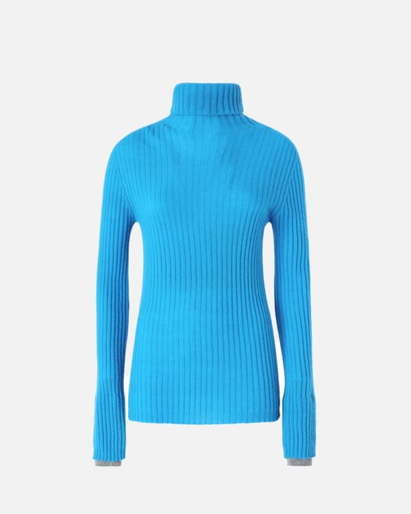High-neck ribbed cashmere-blend sweater with lurex cuffs turchese e grigio