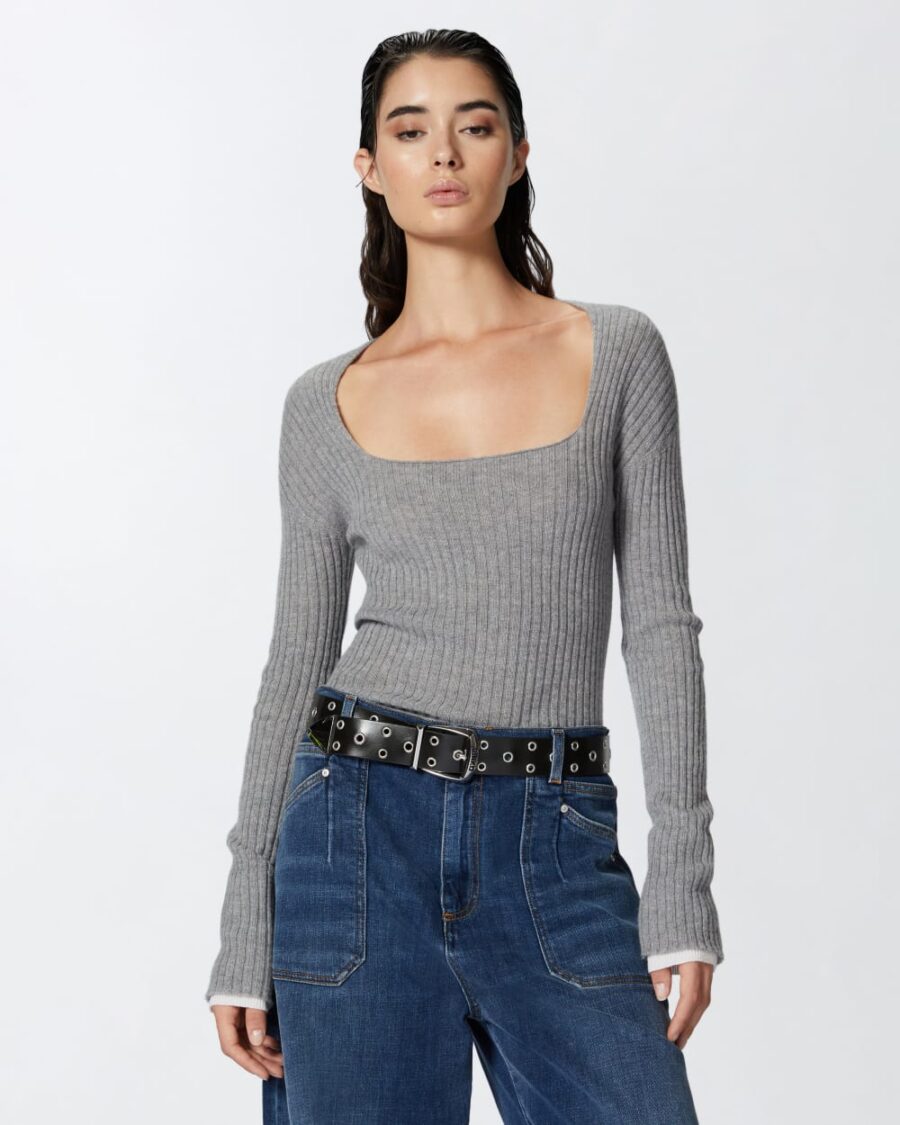 Maglia a costine in lana e cachemire grigio e bianco