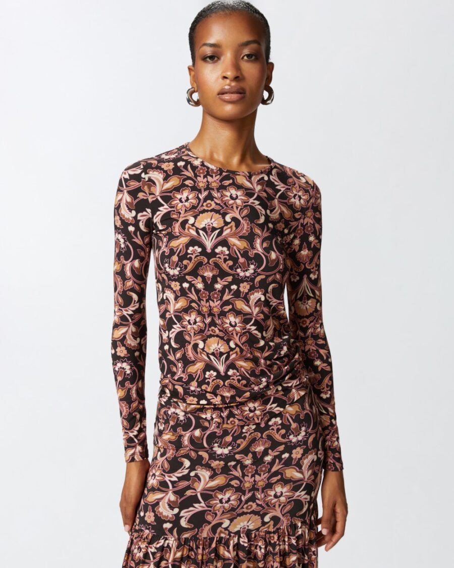Maglia a maniche lunghe stampa floreale mult.marrone e beige
