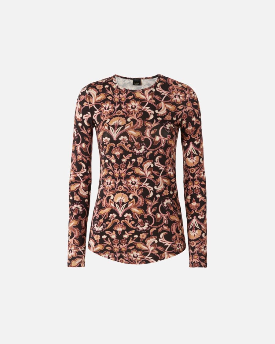 Maglia a maniche lunghe stampa floreale mult.marrone e beige