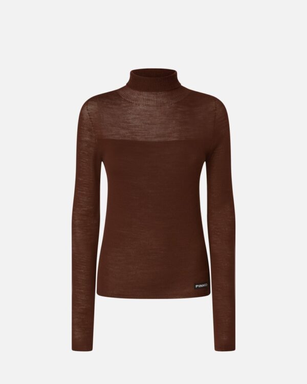 Maglia collo alto in lana sottile marrone castano