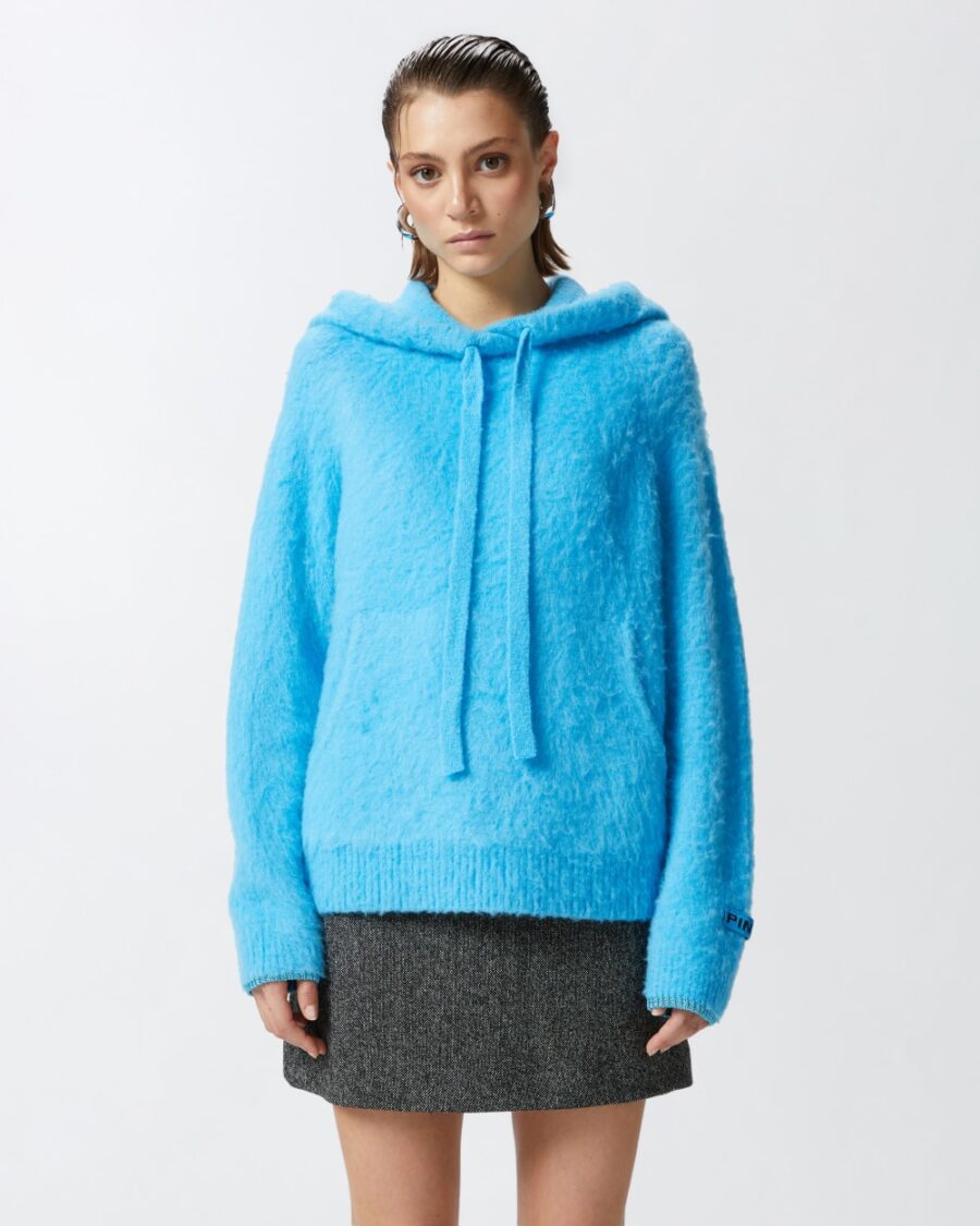 Maglia con cappuccio fluffy azzurro e acquario