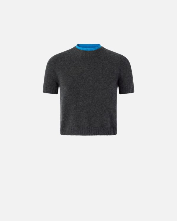 Short sweater with contrasting edging grigio e turchese
