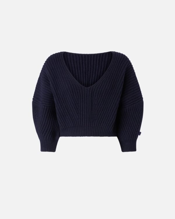 Maglia crop a coste con scollo a V blu marino cupo