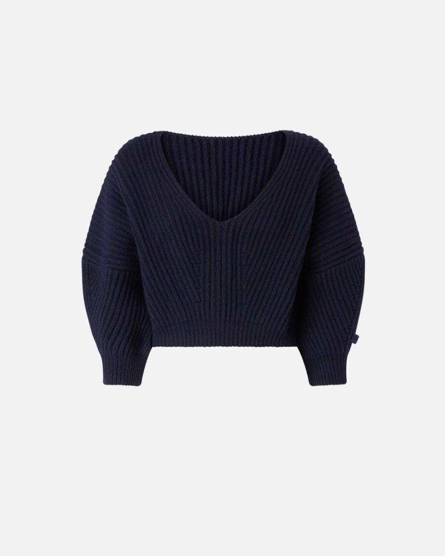 Cropped ribbed V-neck sweater blu marino cupo