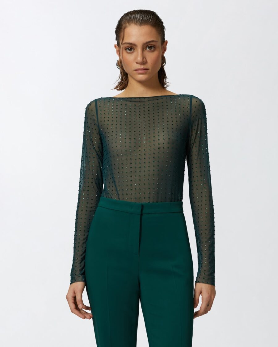 Maglia in leggero tulle full strass verde bottiglia scuro