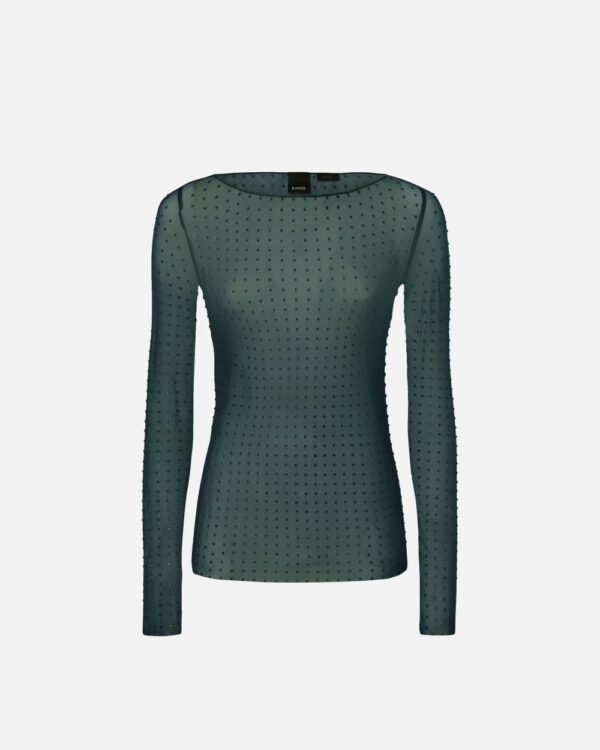 Maglia in leggero tulle full strass verde bottiglia scuro