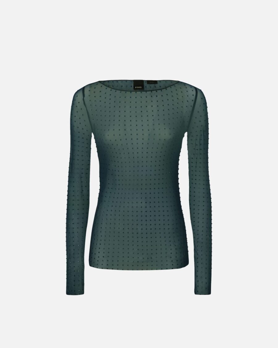 Maglia in leggero tulle full strass verde bottiglia scuro