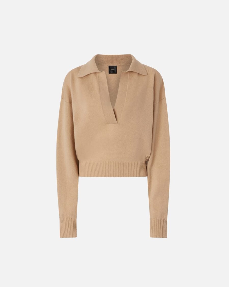 Maglia in misto cachemire con scollo a V beige curry