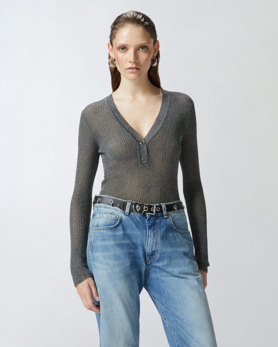 Maglia leggera maniche lunghe a costine grigio e argento