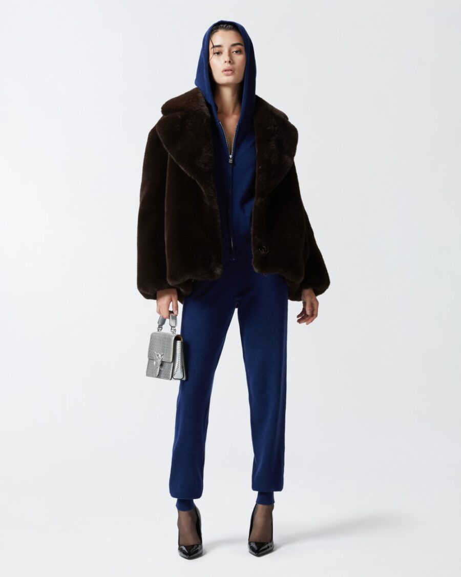 Maglia misto cachemire con cappuccio e zip  blu iride