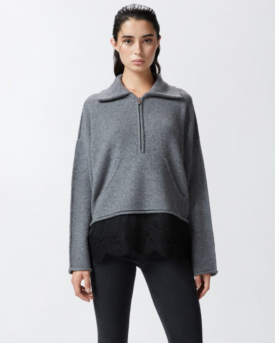 Maglia misto cachemire con zip e pizzo al fondo grigio e nero