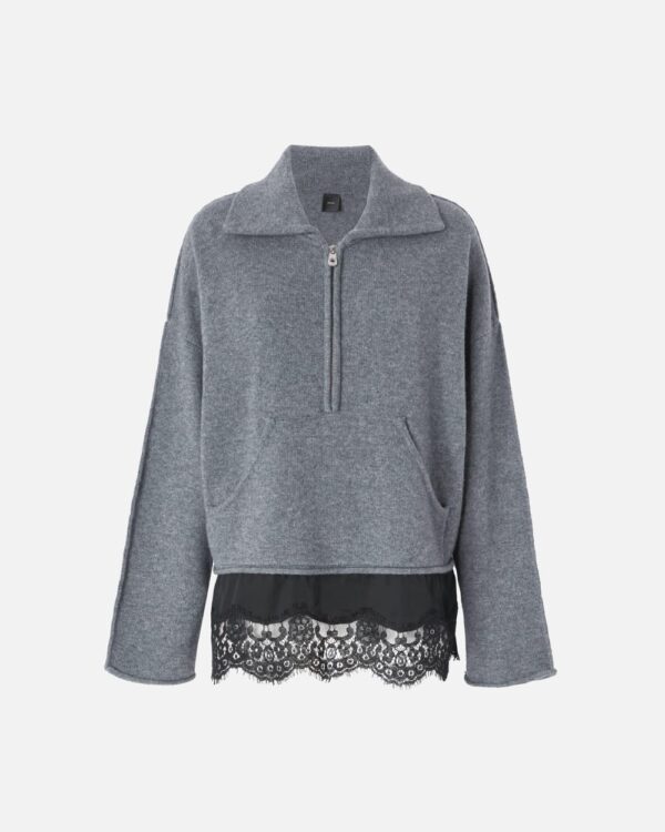 Maglia misto cachemire con zip e pizzo al fondo grigio e nero