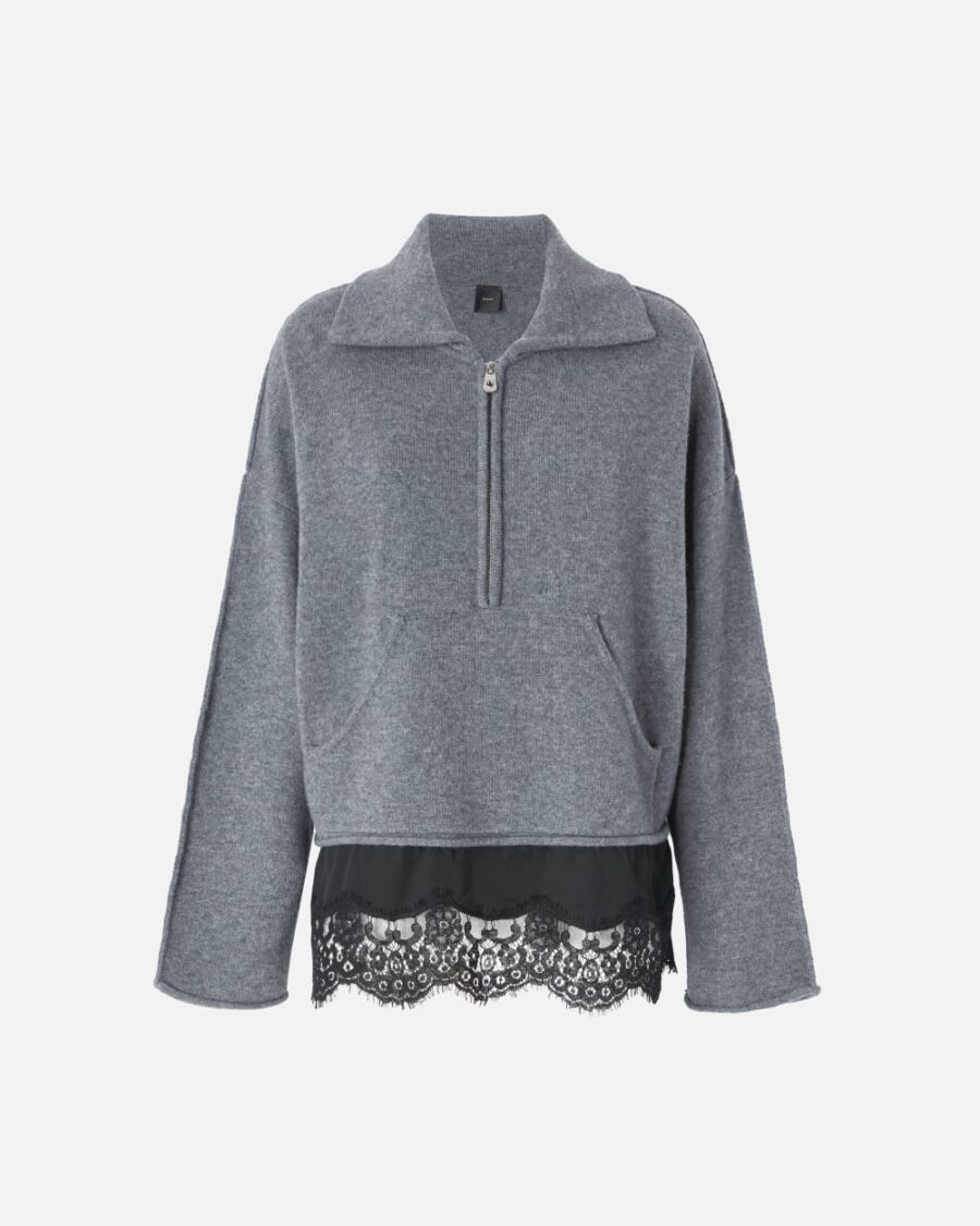 Maglia misto cachemire con zip e pizzo al fondo grigio e nero