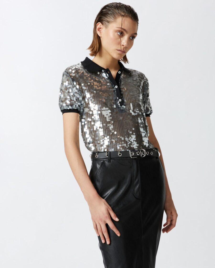 Maglia polo in paillettes semitrasparenti nero e trasparente
