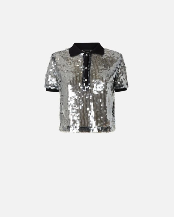 Maglia polo in paillettes semitrasparenti nero e trasparente