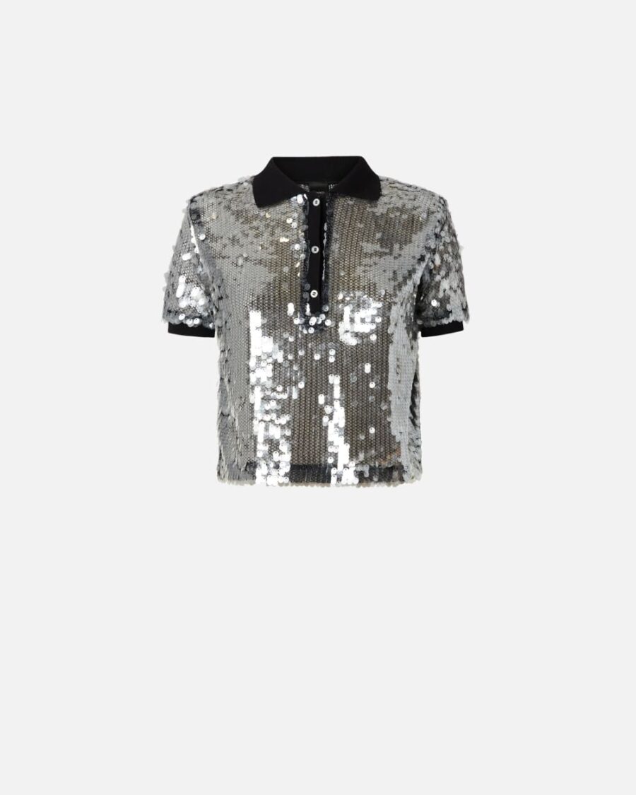 Maglia polo in paillettes semitrasparenti nero e trasparente