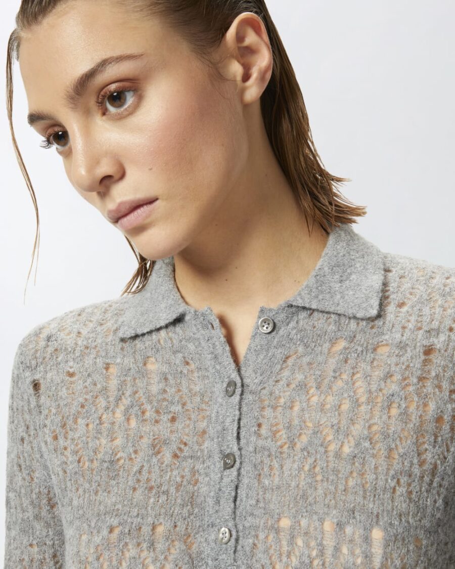 Long-sleeved lace-effect polo-shirt - Image 6