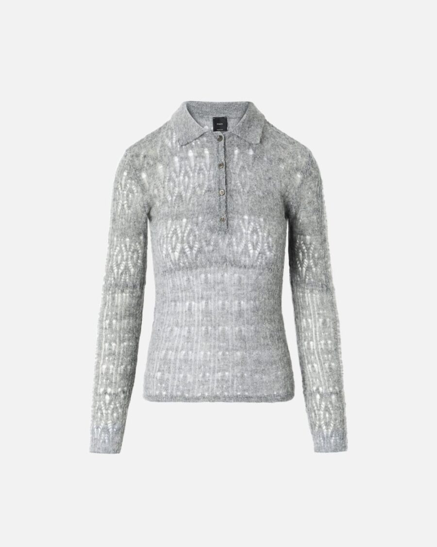 Long-sleeved lace-effect polo-shirt grigio asfalto