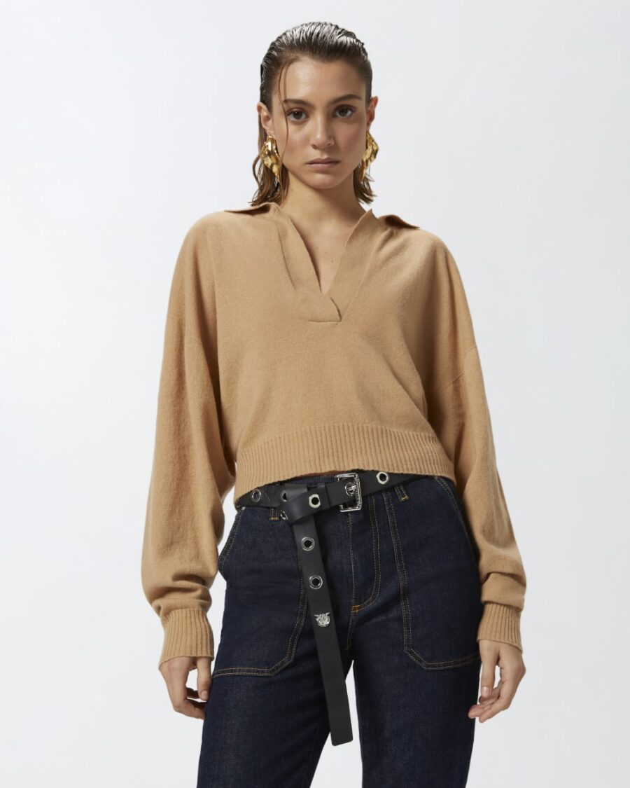 Maglioncino corto in misto cachemire con colletto beige toupe caldo