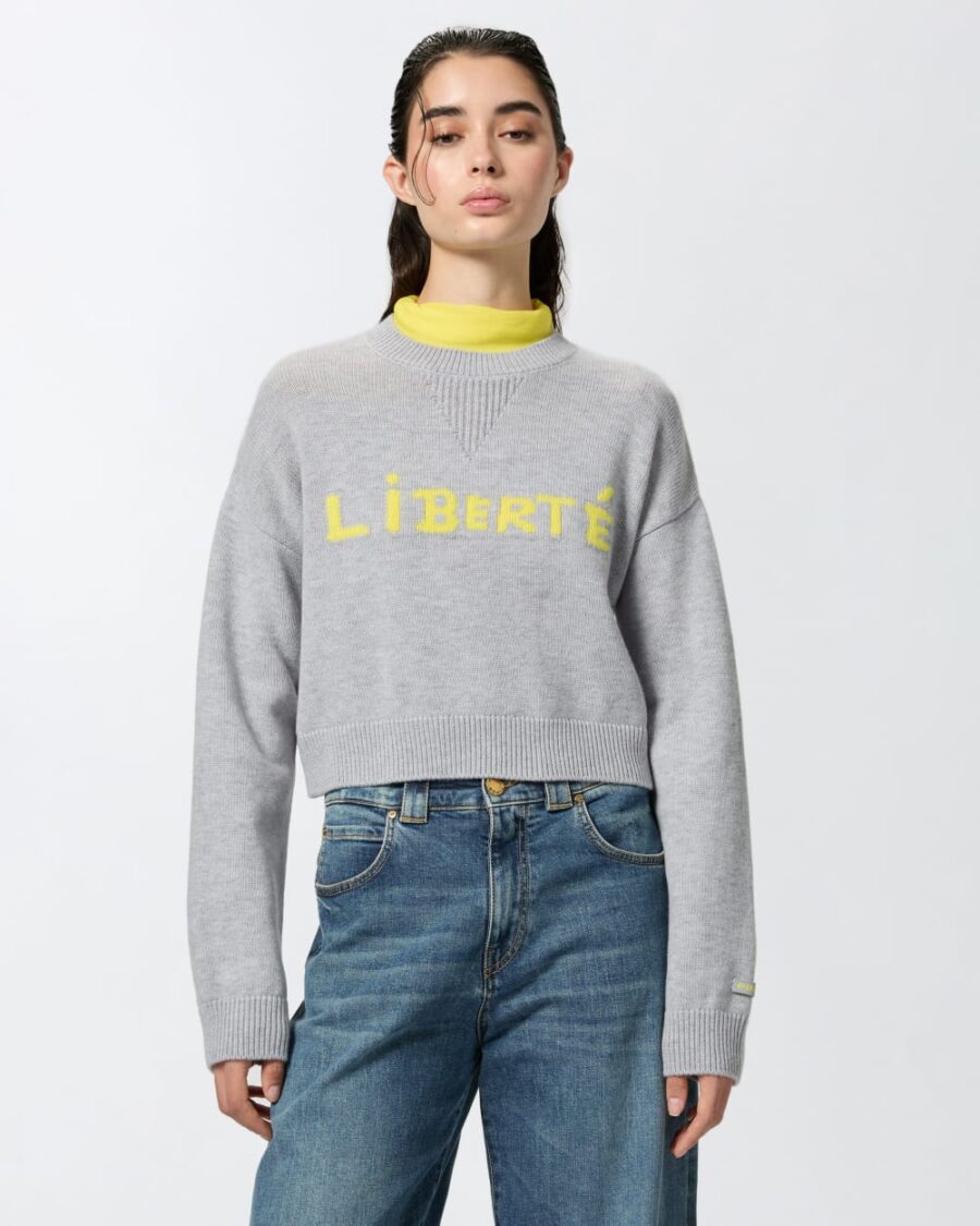 Maglioncino in lana con scritta Liberté grigio chiaro e giallo