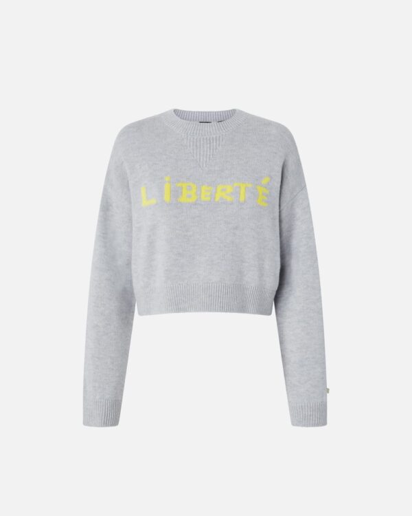 Maglioncino in lana con scritta Liberté grigio chiaro e giallo