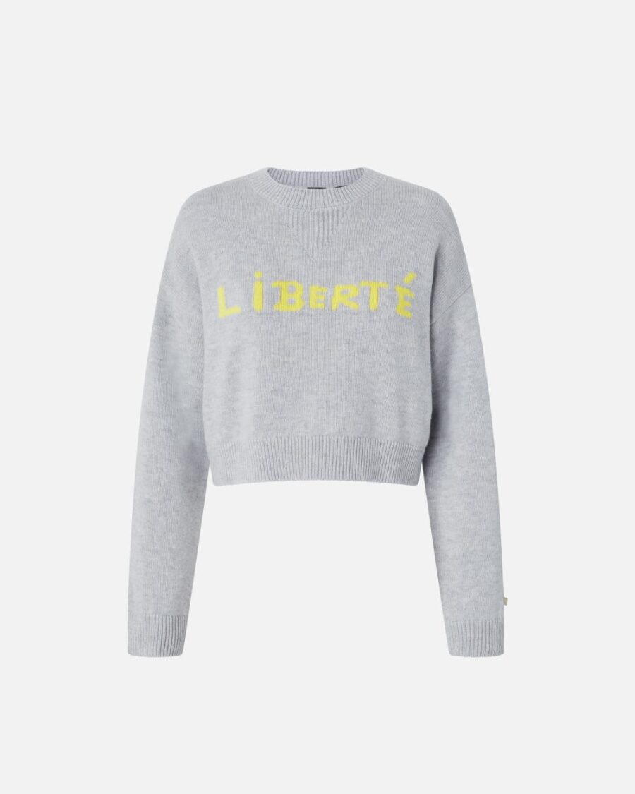 Maglioncino in lana con scritta Liberté grigio chiaro e giallo
