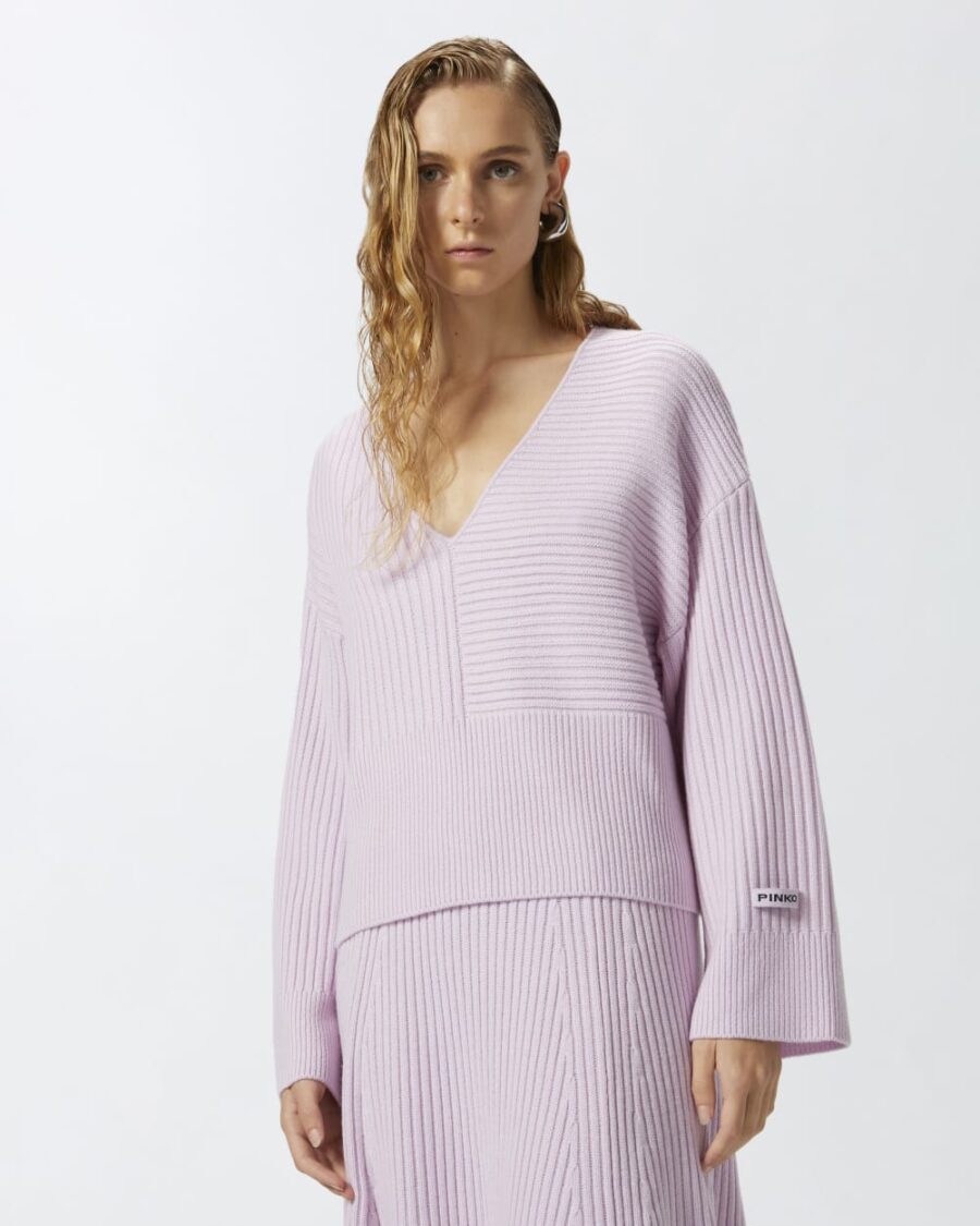 Maglione a coste scollo a V lana e cachemire lilla e orchidea seduc.