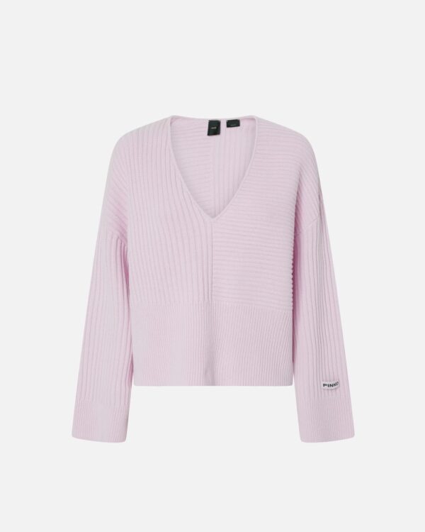 Maglione a coste scollo a V lana e cachemire lilla e orchidea seduc.