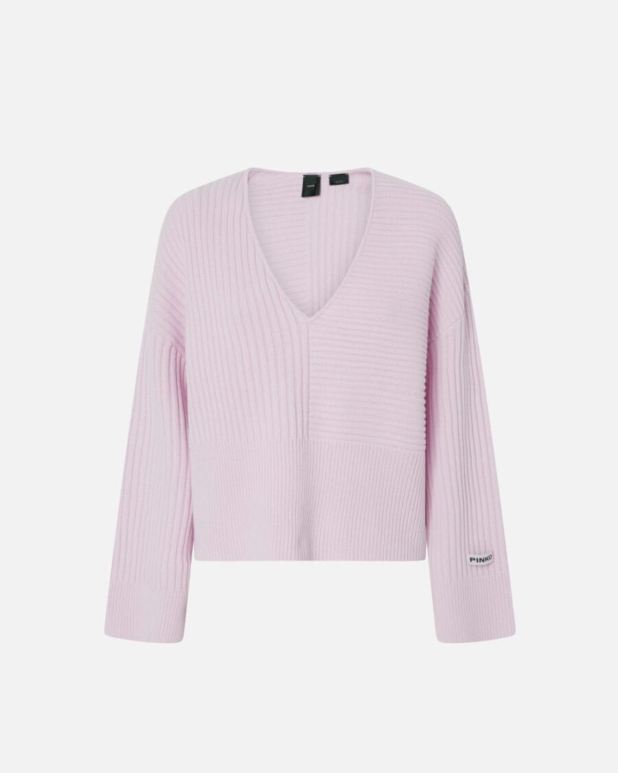 Wool and cashmere V-neck ribbed sweater lilla e orchidea seduc.
