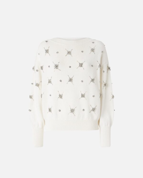 Maglione elegante con ricamo gioiello strass bianco meringa